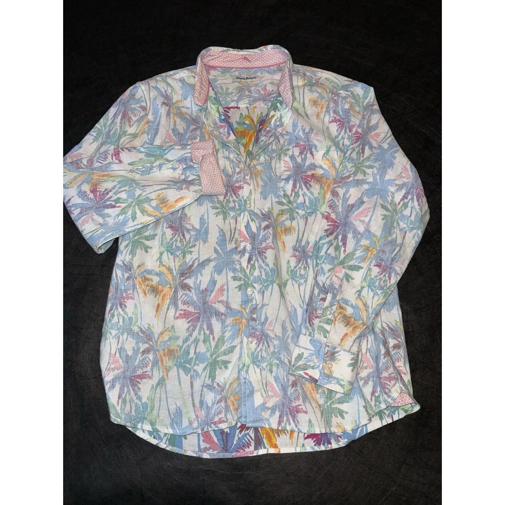 Tommy Bahama Mens LG All Over Floral Hawaiian Button Up LS Linen Blend Resort